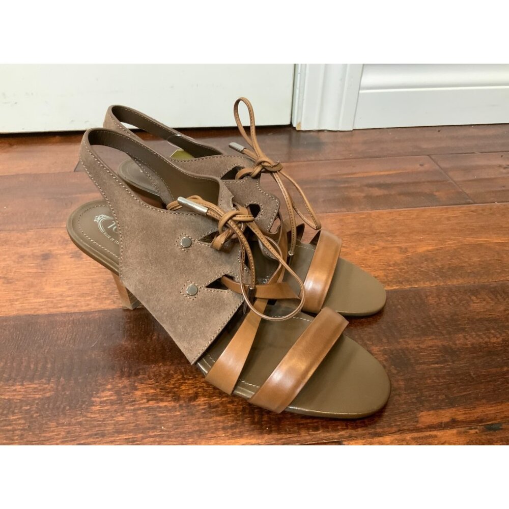 Tod's Brown Suede Leather Strappy Wooden Kitten Sandal Heels, Size 9 | 39